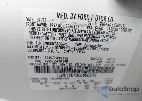 2012 Lincoln Mks из США, поврежденный, VIN 1LNHL9DR3CG800645